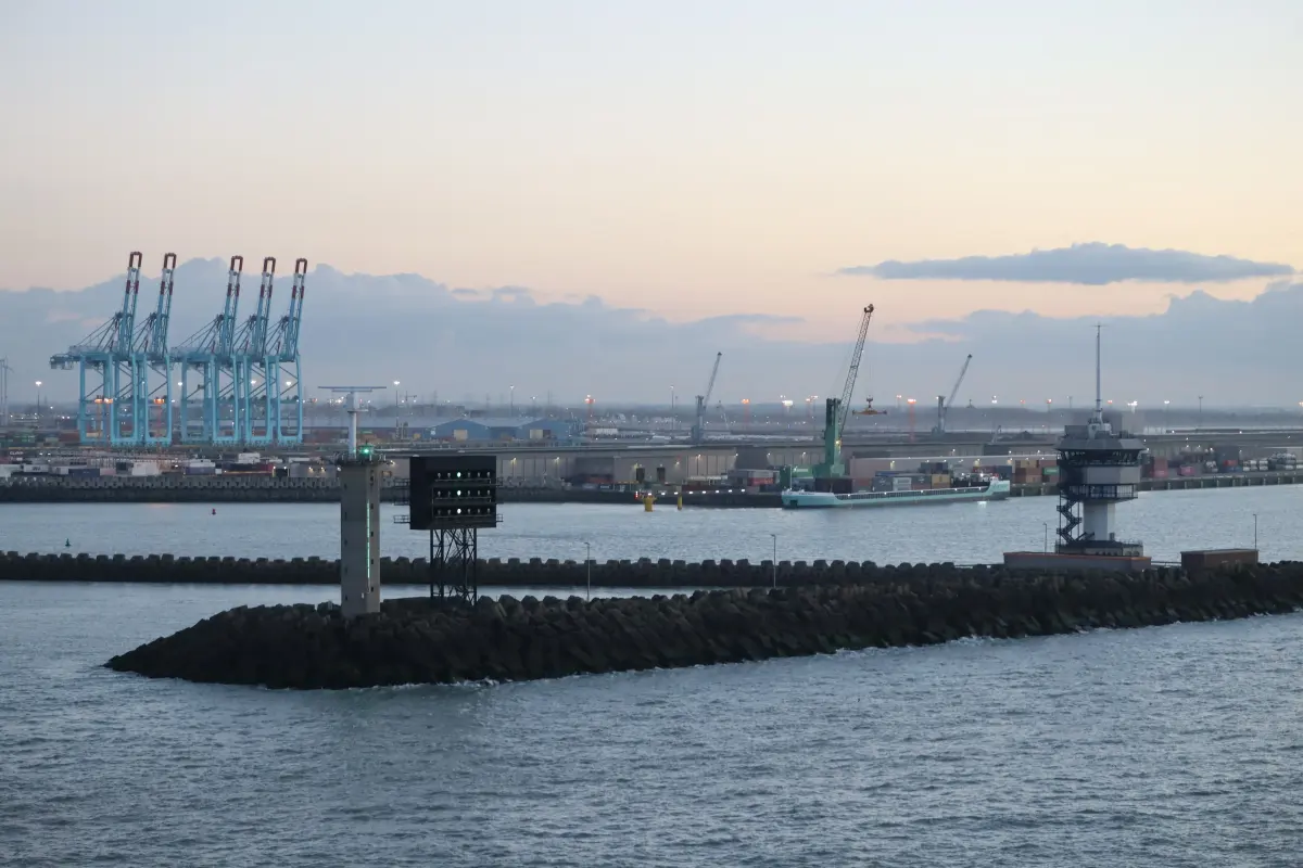 Harbour cranes at dusk in Zeebrugge, northern Europe